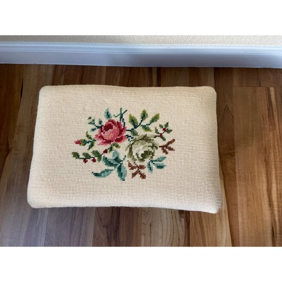 Antique Victorian Roses Floral Footstool Needlepoint Ottoman Stool Romantic - Picture 1 of 12